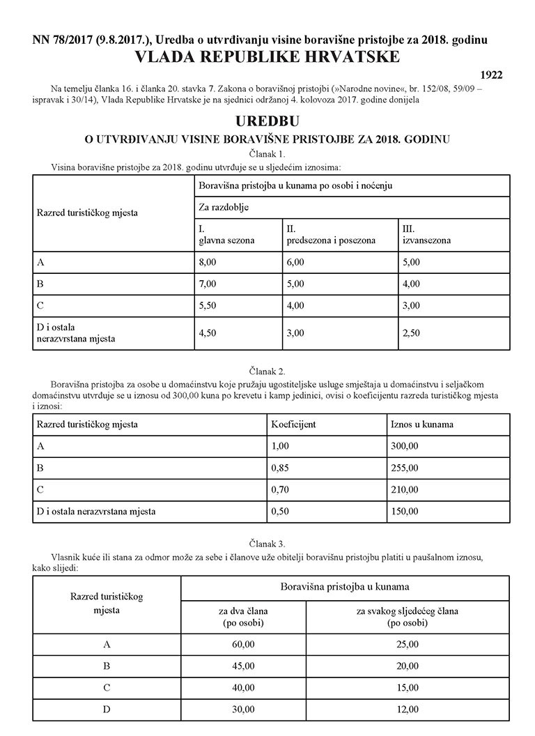 uredba boravisna pristojba za 2018 godinu 01